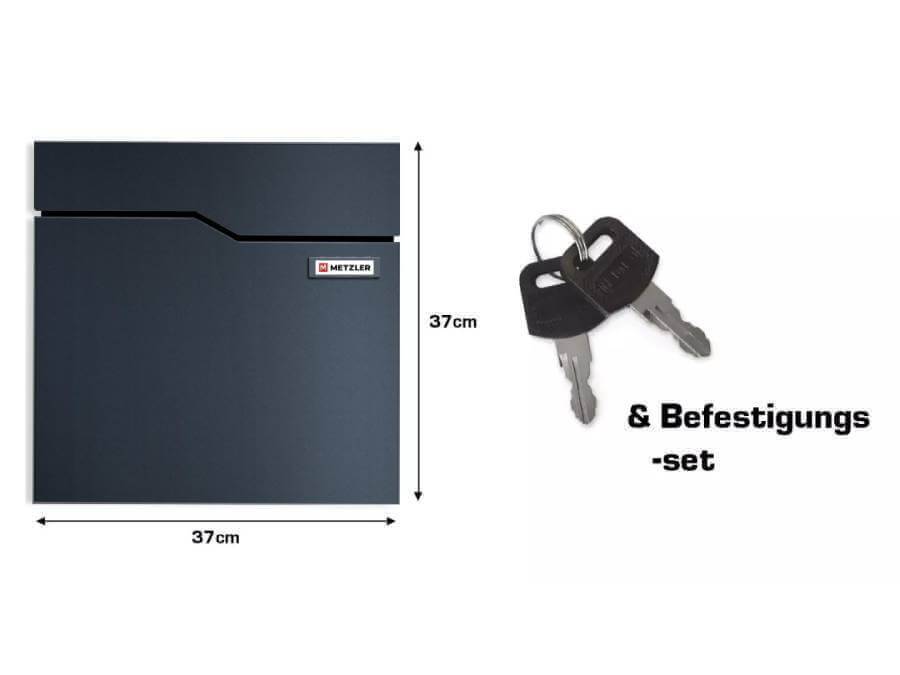 Metzler Briefkasten Hoffmann mit austauschbarem Namensschild - Infografik Lieferumfang und Abmessung