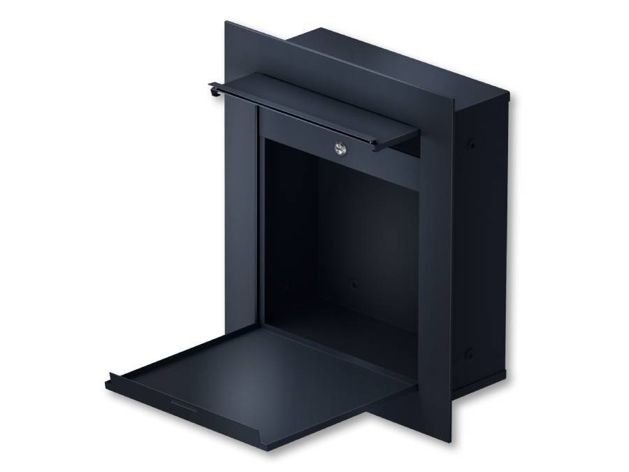 Metzler Unterputzbriefkasten Hugo mit geoeffneten Klappen seitlich