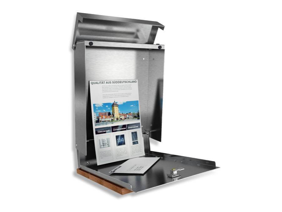 Metzler Briefkasten Echtholz Eiche - geoeffnet mit Zeitung und Brief