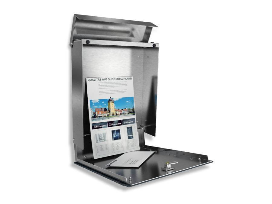 Metzler Briefkasten Anthrazit - geoeffnet mit Zeitung und Brief