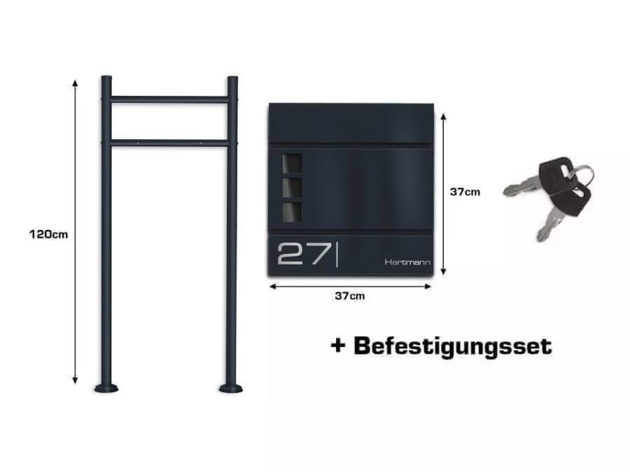Metzler Standbriefkasten Cube Anthrazit - Infografik zu Lieferumfang und Abmessung