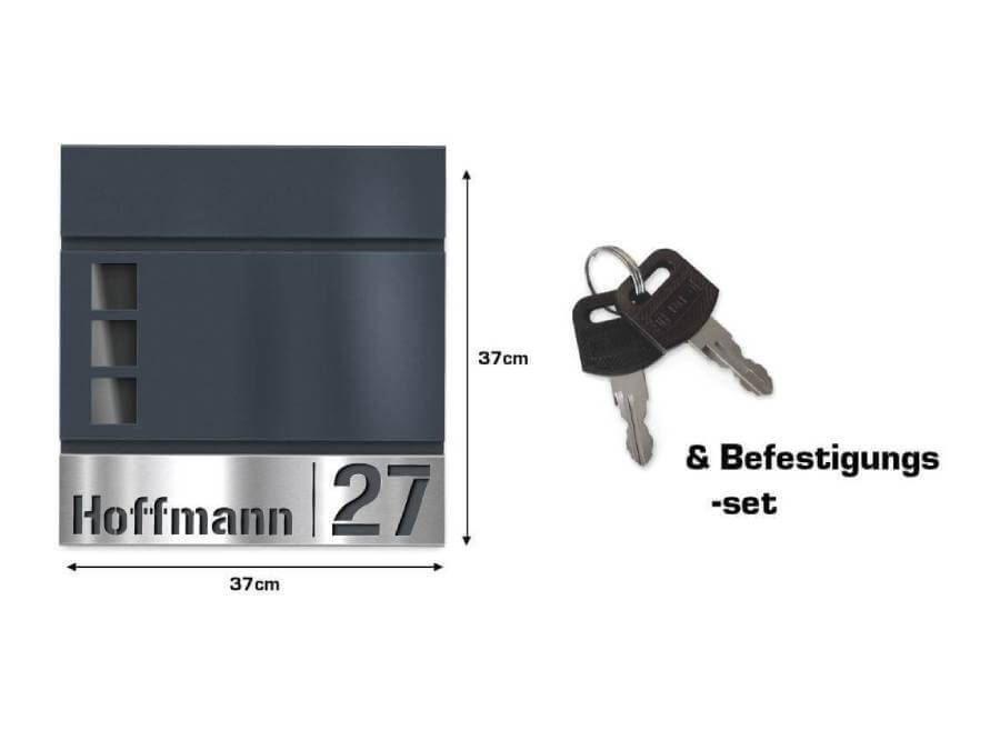 Briefkasten Svena frontal mit Schlüssel und Maßangaben