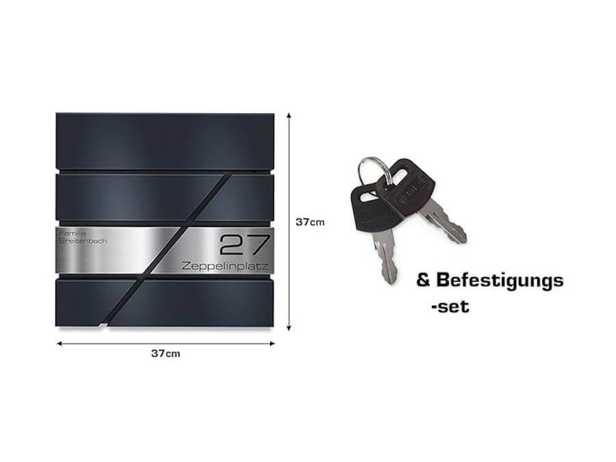 Metzler Briefkasten Zeppelin Infografik Abmessung mit Lieferumfang