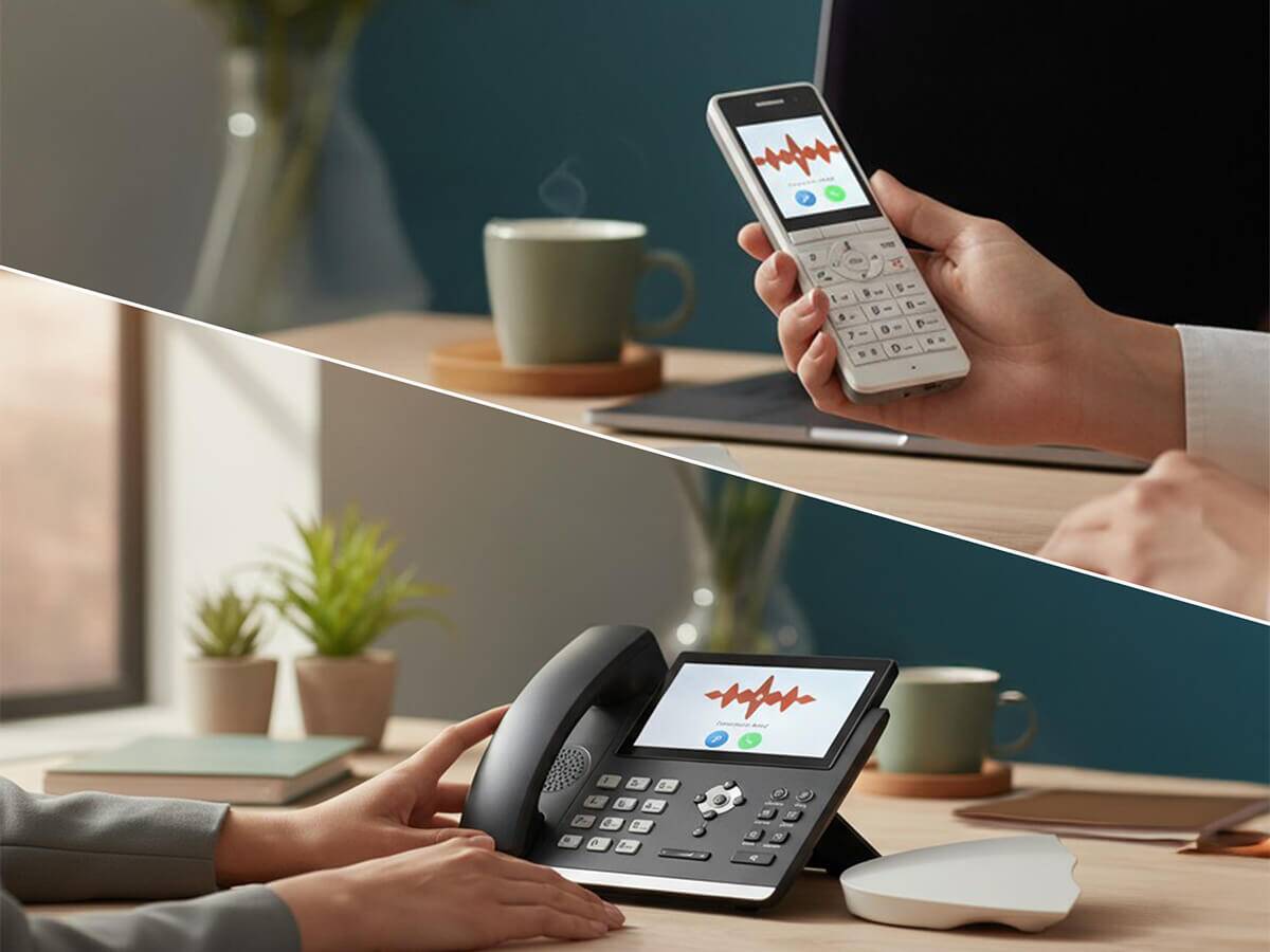 SIP Telefon auf Bürotisch und FRITZ-Fon auf einem kleinen Beistelltisch