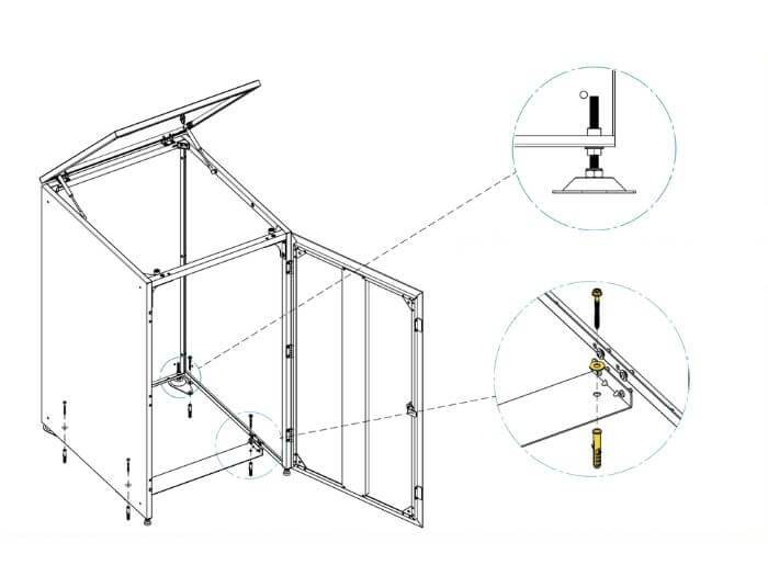 Montage Muelltonnenbox mit höhenverstellbaren Füßen