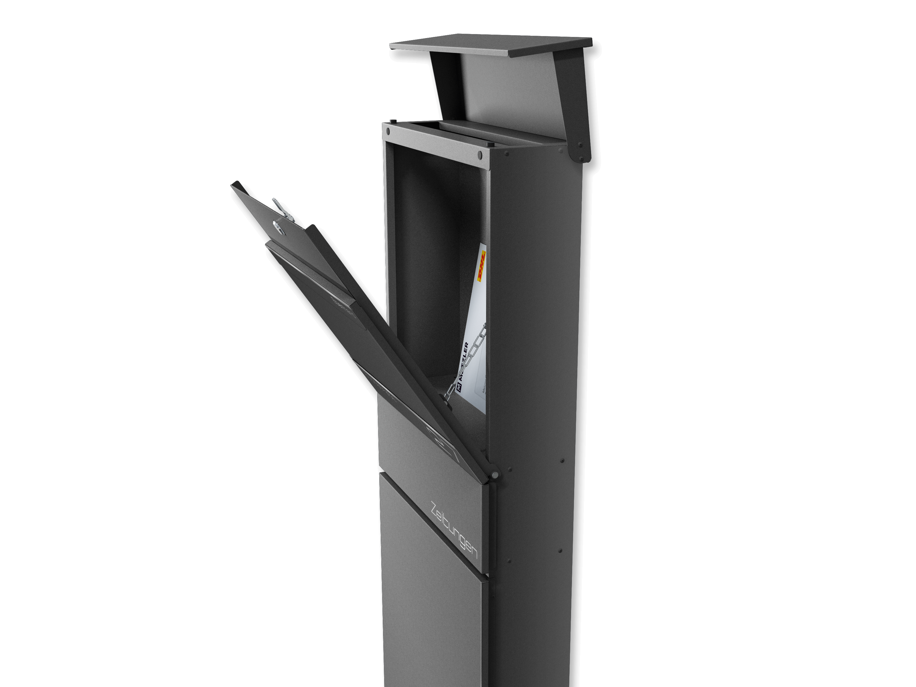 Metzler Standbriefkasten Alves 2 seitlich mit geoeffneten Klappen