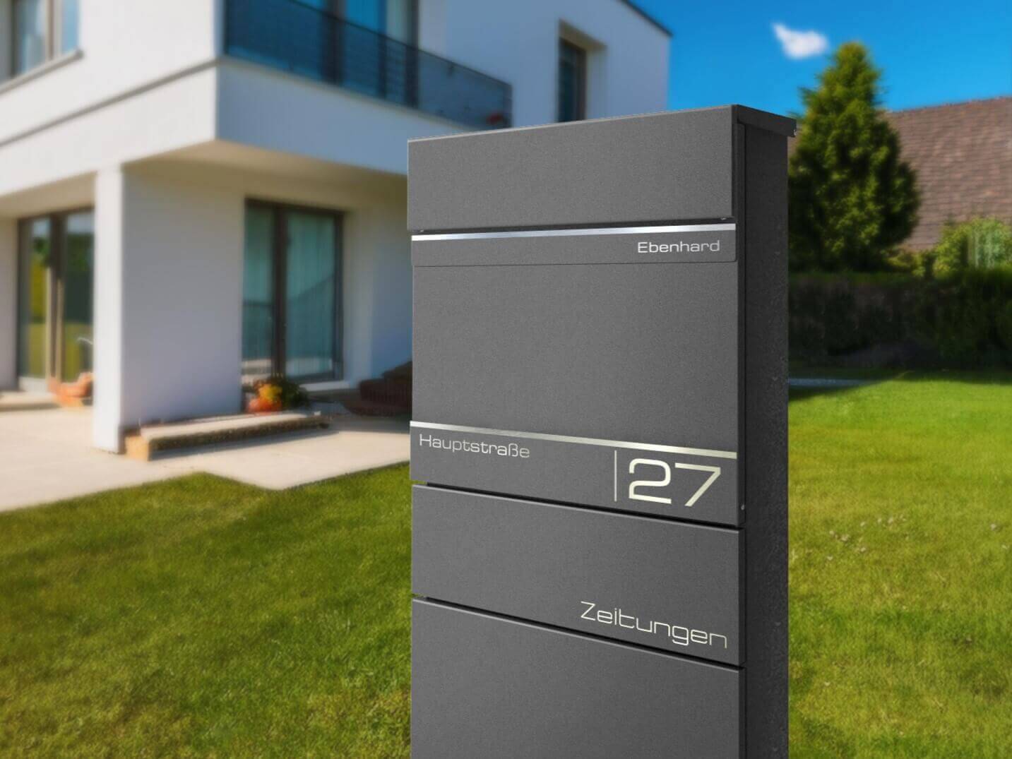 Metzler Standbriefkasten Alves 2 frontal seitlich am Hauseingang