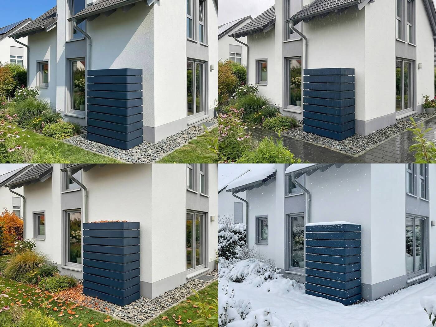 Wärmepumpenabdeckung XXL in vier verschiedenen Wetterszenarien