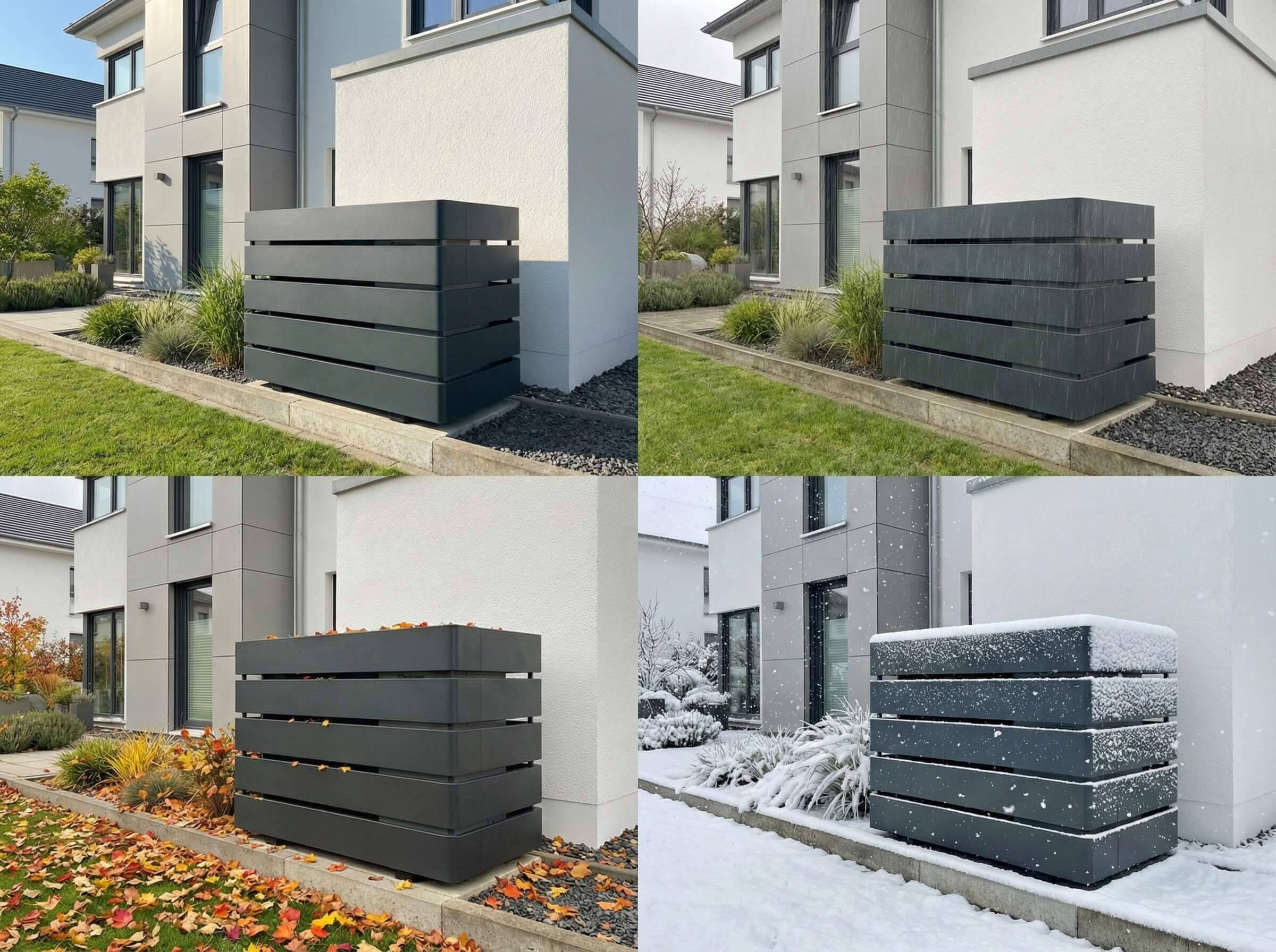 Wärmepumpenabdeckung in vier verschiedenen Wetterszenarien