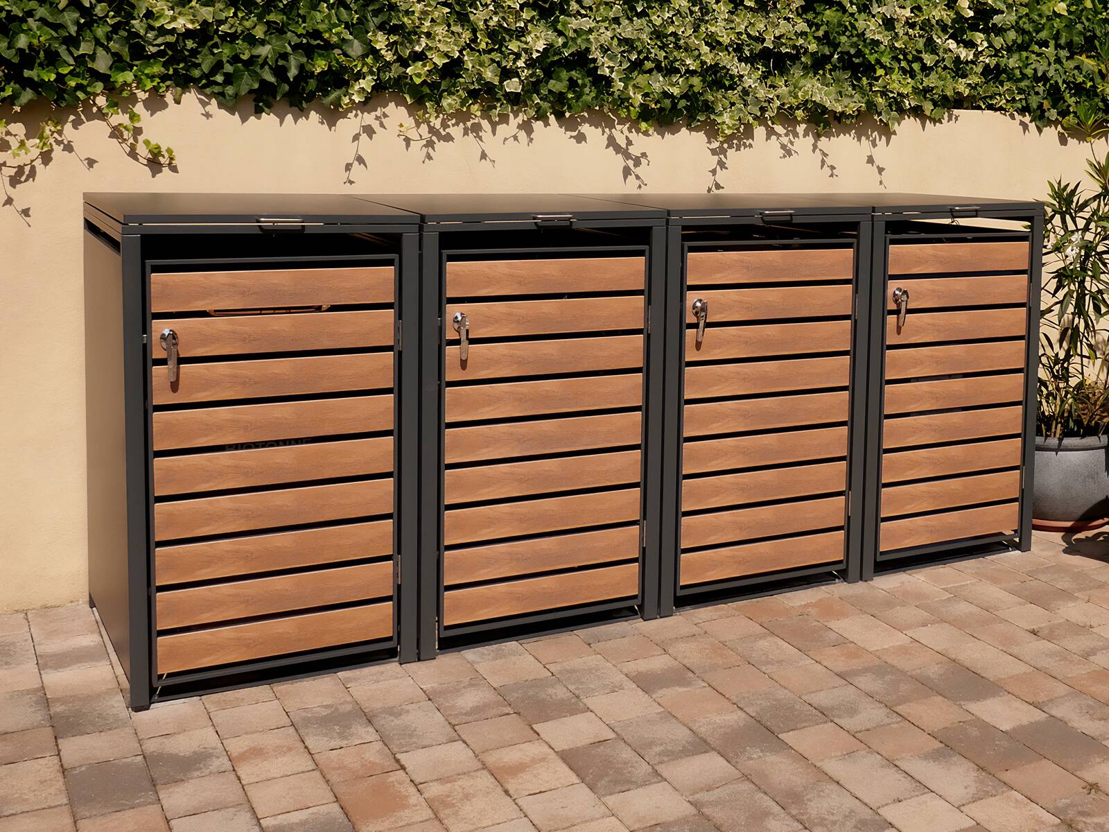 Metzler Mülltonnenboxen aus massivem Metall in Holzoptik