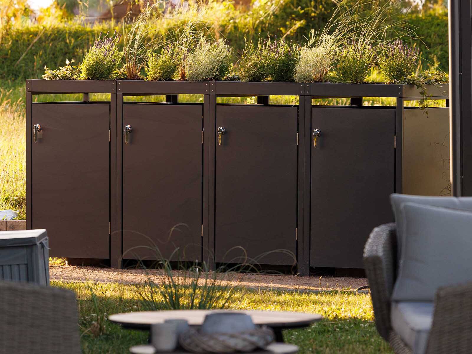 Metzler Mülltonnenboxen aus massivem Metall mit Pflanzdach