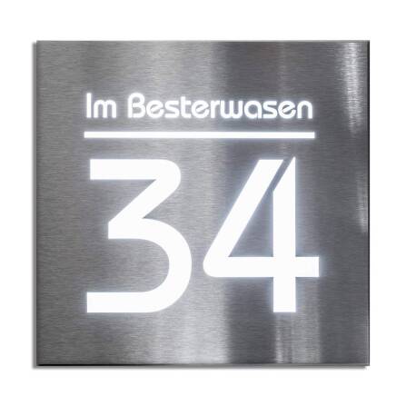 Hausnummernschild aus Edelstahl mit weißer...