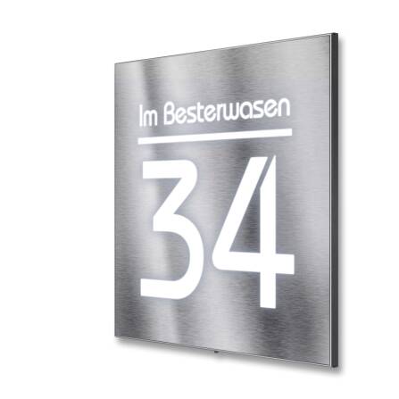Hausnummernschild aus Edelstahl mit weißer...