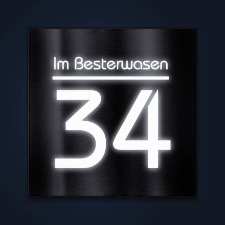 Hausnummernschild aus Edelstahl mit weißer LED-Beleuchtung