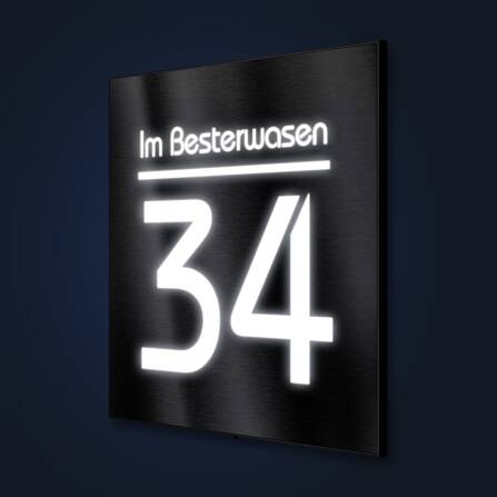 Hausnummernschild aus Edelstahl mit weißer LED-Beleuchtung