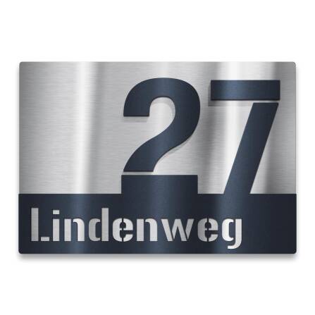 Hausnummernschild aus Edelstahl mit Straße in...