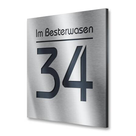 Quadratisches Hausnummernschild aus Edelstahl in Anthrazit mit Straße