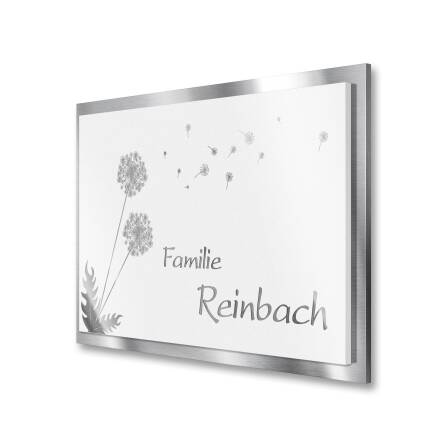 Namensschild Pusteblume aus Edelstahl in Weiß