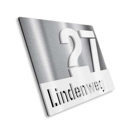 Hausnummernschild aus Edelstahl mit Straße in Weiß