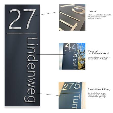 Metzler plaque de numéro de maison format vertical anthracite acier inoxydable | Weissenhof XXL