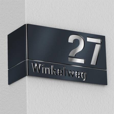 Hausnummernschild aus Edelstahl für Eckmontage links