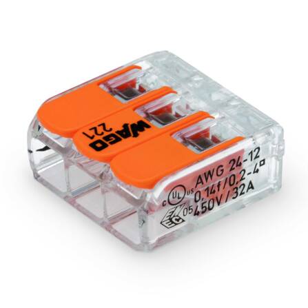 Wago Verbindungsklemme für alle Leiterarten, max 4mm², 3 Leiter, mit Hebeln