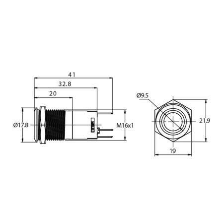 Metzler - Bouton poussoir momentané 16mm - Illumination annulaire LED 230 V Jaune - IP67 IK10 - Acier inoxydable - Plat - Contacts de soudage