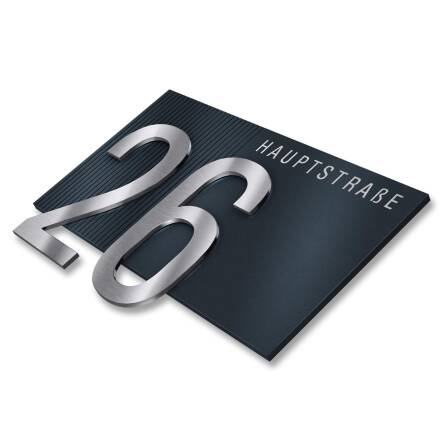 Hausnummernschild Anthrazit mit Straße & Ziffer aus Edelstahl