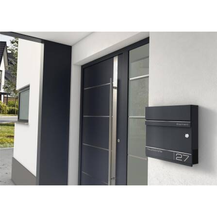 Metzler Briefkasten mit Funkklingel | personalisiert mit Gravur | Anthrazit | Edelstahl-Namensschild | mit Zeitungsfach | Hermann