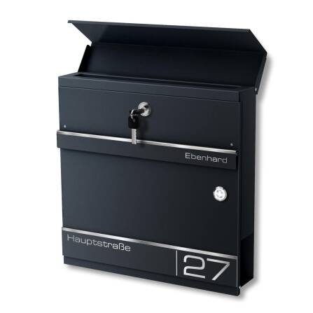 Metzler Briefkasten mit Funkklingel | personalisiert mit Gravur | Anthrazit | Edelstahl-Namensschild | mit Zeitungsfach | Hermann