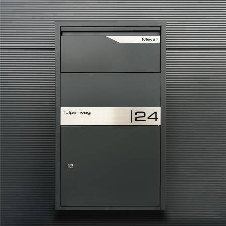 Metzler Paketbox Anthrazit RAL 7016 | personalisiert mit Gravur | Edelstahl-Namensschild | rostfrei & massiv | Avalon 2