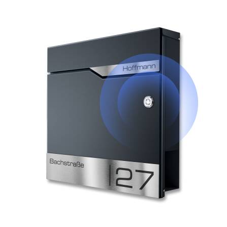 Metzler Briefkasten mit Funkklingel | Anthrazit | personalisiert mit Gravur | Edelstahl-Namensschild |mit Zeitungsfach | Siebert