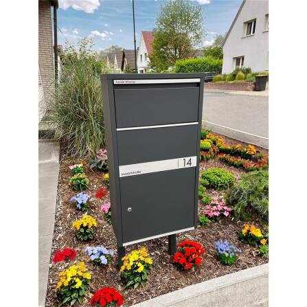 Metzler cassetta postale per pacchi indipendente con supporto | Antracite RAL 7016 | personalizzata con incisione | targhetta in acciaio inox | antiruggine | Avalon 1