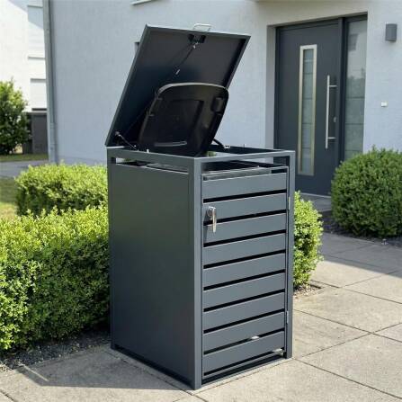 Metzler Cache-poubelles | 1x | Anthracite RAL 7016 | en acier | inoxydable & massif | Bandes horizontales | Poignée verrouillable