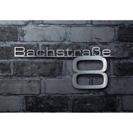 Scritta Metzler in acciaio inossidabile con nome della via e numero civico | Acciaio inossidabile spazzolato | 120 cm | Bach