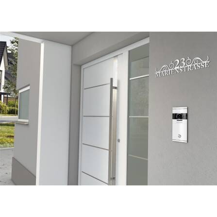 Metzler Lettrage en acier inoxydable | avec rue & numéro de maison | RAL9016 blanc signalisation | 1200 mm | August