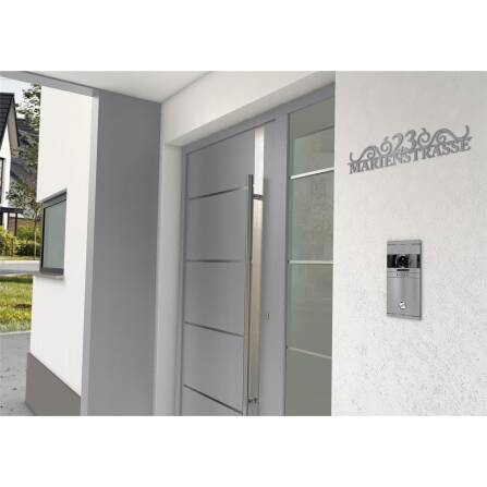 Metzler Lettrage en acier inoxydable | avec rue et numéro de maison | RAL9007 aluminium gris | 1200 mm | August