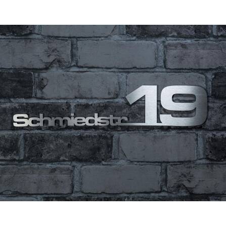 Metzler Lettrage en acier inoxydable avec rue & numéro de maison | 380 mm | Acier inoxydable brossé | Schmied