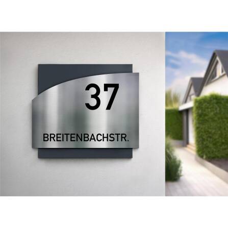 Metzler Edelstahl Hausnummernschild mit Straßennamen | Anthrazit RAL 7016 | Falko 1