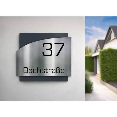 Metzler Edelstahl Hausnummernschild mit Straße | Anthrazit RAL 7016 | Falko 2