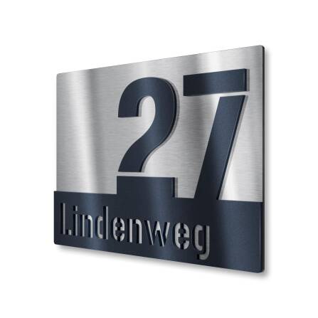 Hausnummernschild aus Edelstahl mit Straßennamen