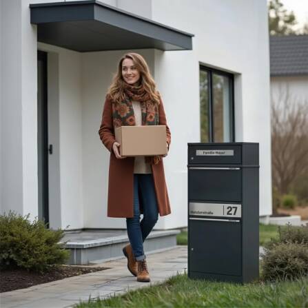 Metzler Paketbox mit Briefkasten | personalisiert mit Gravur | Edelstahl-Namensschild | mit Briefeinwurf | Anthrazit | Bispo 2