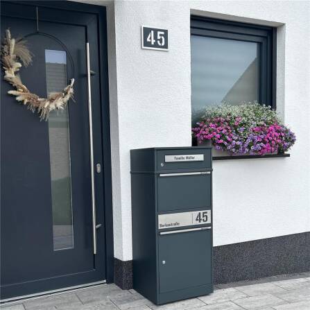 Metzler Paketbox mit Briefkasten | personalisiert mit Gravur | Edelstahl-Namensschild | mit Briefeinwurf | Anthrazit | Bispo 2