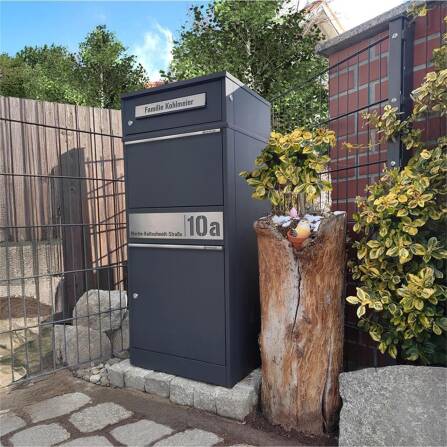 Metzler Paketbox mit Briefkasten | personalisiert mit Gravur | Edelstahl-Namensschild | mit Briefeinwurf | Anthrazit | Bispo 2