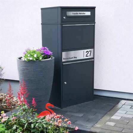 Metzler Paketbox mit Briefkasten | personalisiert mit Gravur | Edelstahl-Namensschild | mit Briefeinwurf | Anthrazit | Bispo 2