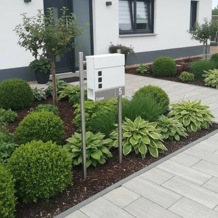 Metzler Briefkasten mit personalisierter Edelstahlblende und Sichtfenstern | RAL 9016 Verkehrsweiß | Svena