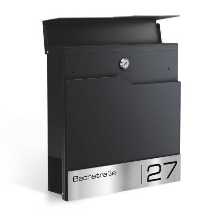 Metzler Briefkasten mit Namensschild aus Edelstahl | RAL 9005 Tiefschwarz | Thobe