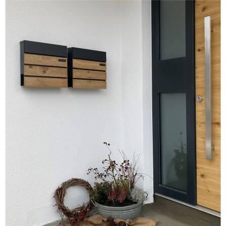 Metzler Briefkasten Holzoptik Eiche | Anthrazit RAL7016 mit Edelstahl Namensschild | Anton 2