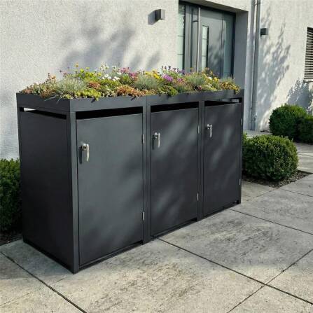Metzler Mülltonnenbox mit Pflanzdach | 3er | 240l | Anthrazit RAL 7016 | aus Stahl | rostfrei & massiv | Türgriff mit Schloss