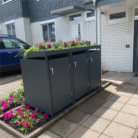 Metzler Mülltonnenbox mit Pflanzdach | 3er | 240l | Anthrazit RAL 7016 | aus Stahl | rostfrei & massiv | Türgriff mit Schloss